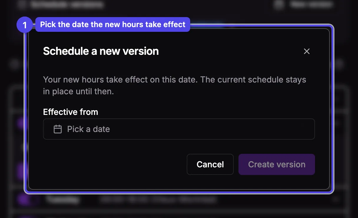 The New version dialog with a date picker for when the new hours take effect