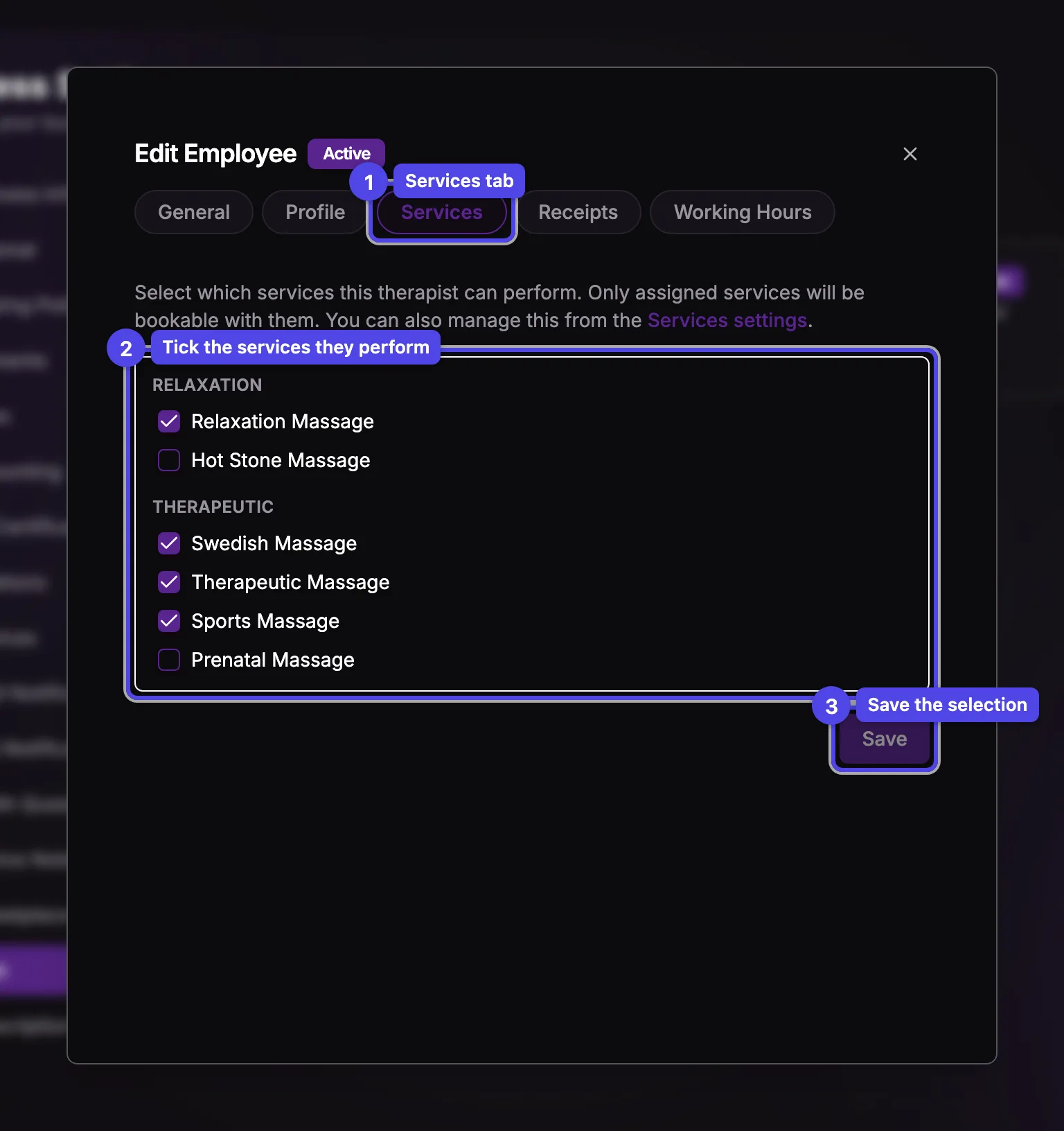 The Services tab with a grouped checklist of services and a Save button