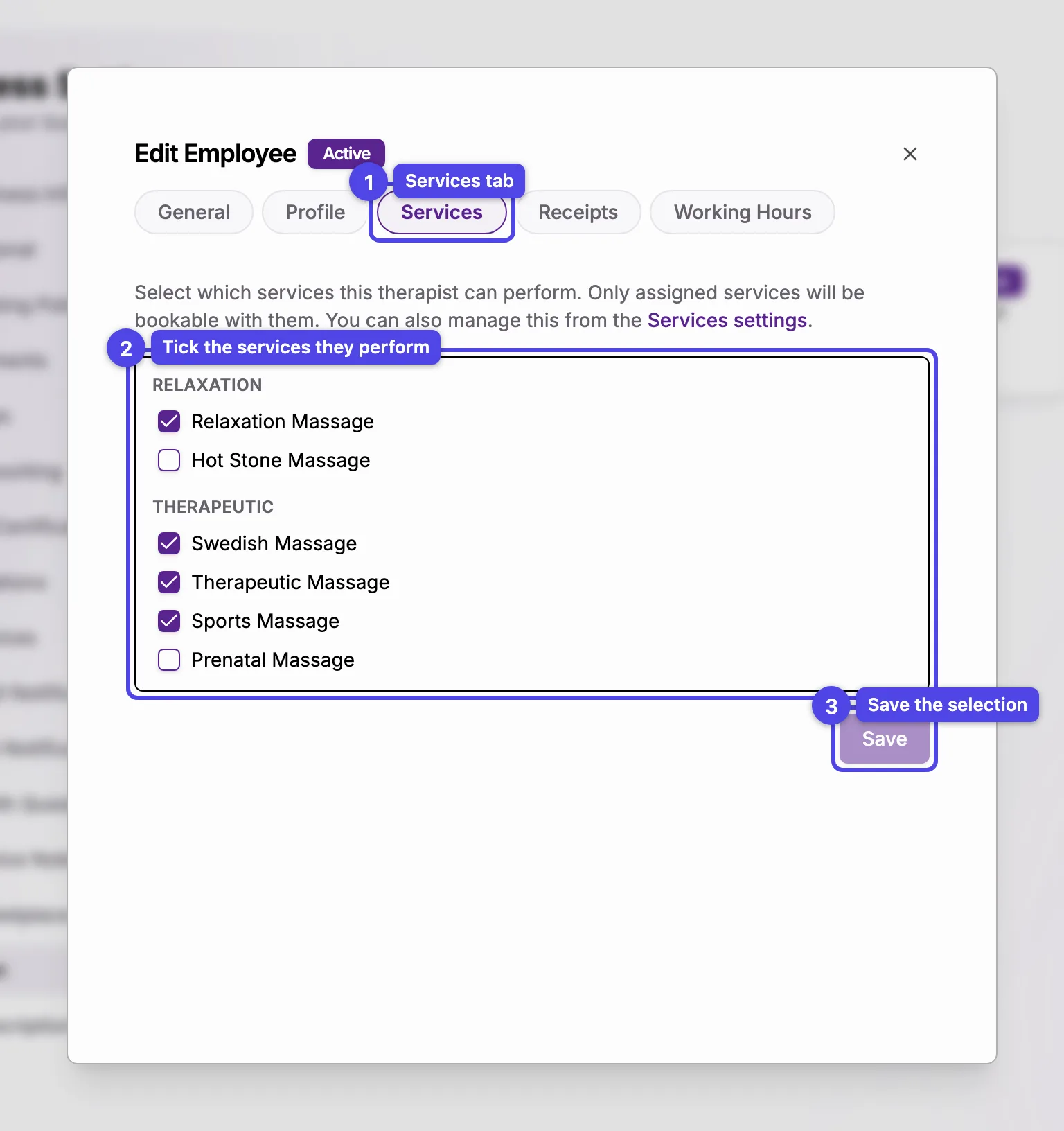The Services tab with a grouped checklist of services and a Save button