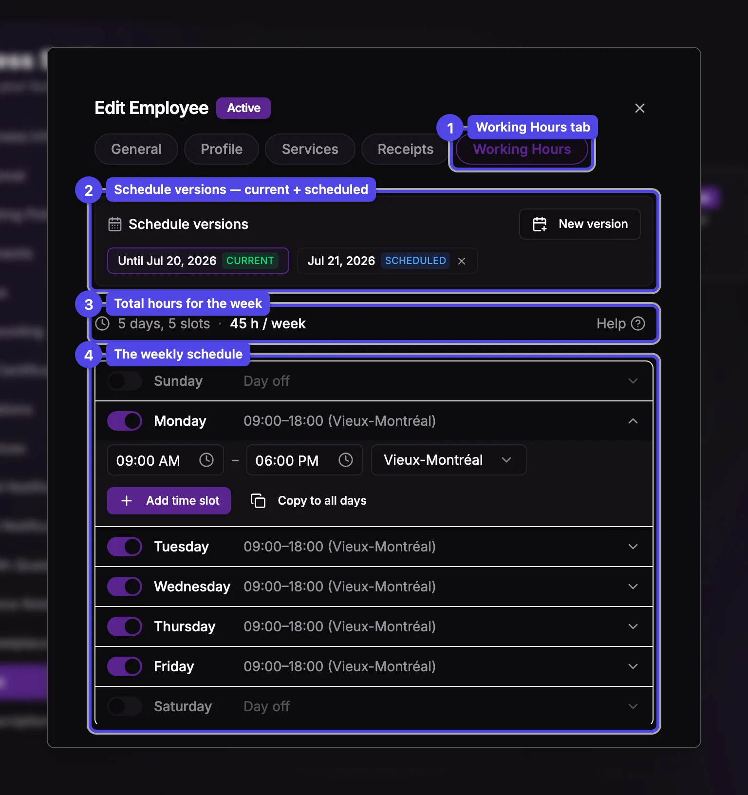 The member dialog on the Working Hours tab, showing the weekly schedule