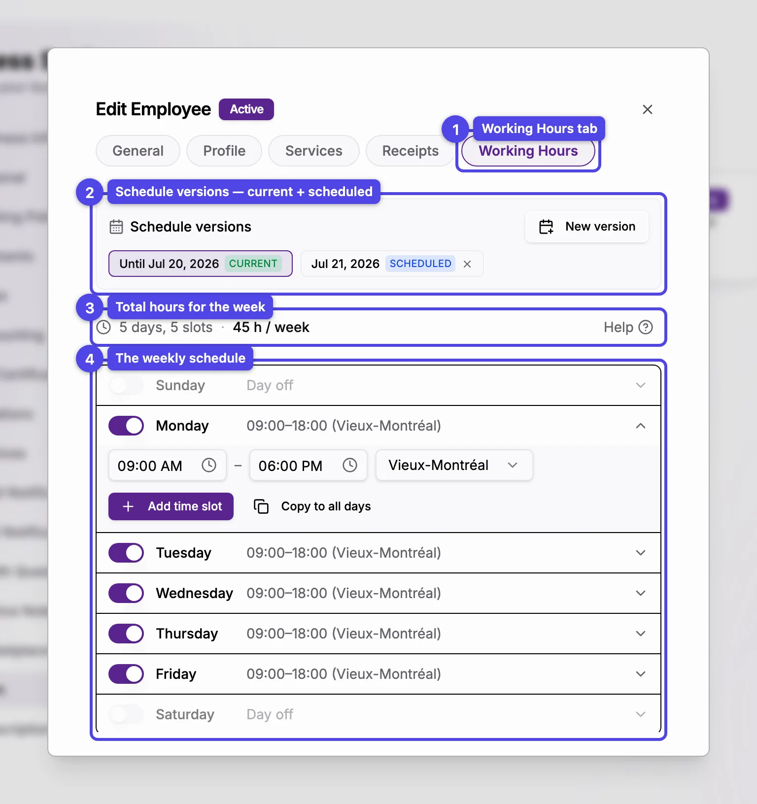 The member dialog on the Working Hours tab, showing the weekly schedule