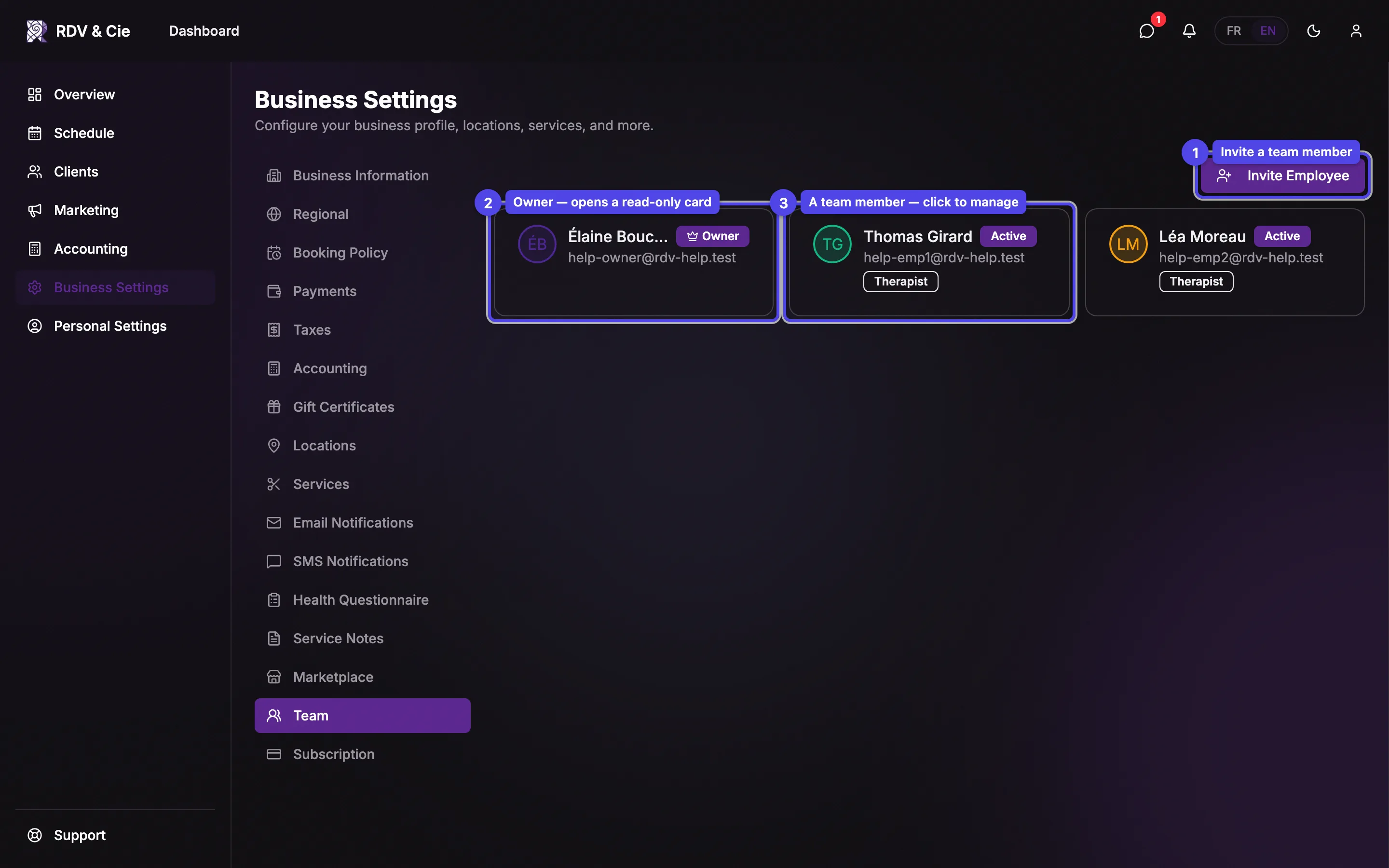 The Team area showing the owner card and team-member cards in a grid