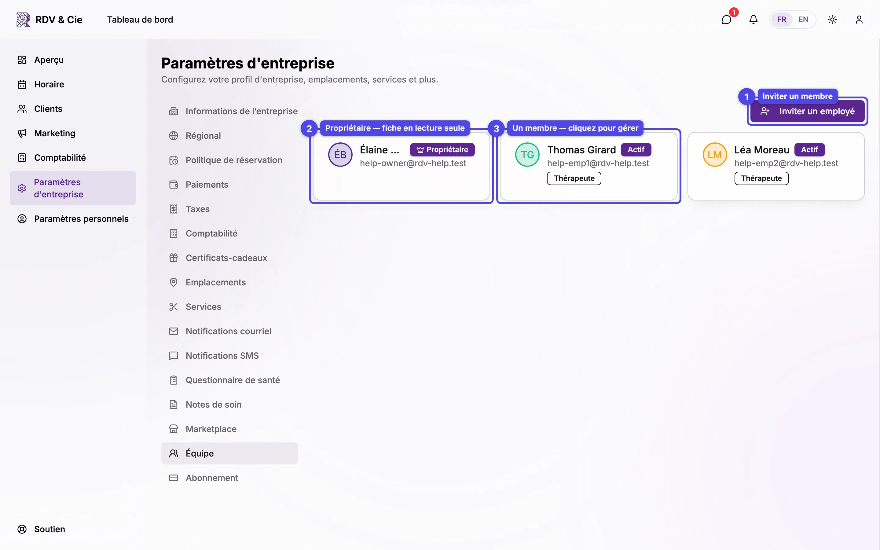La section Équipe avec la fiche du propriétaire et les fiches des membres en grille