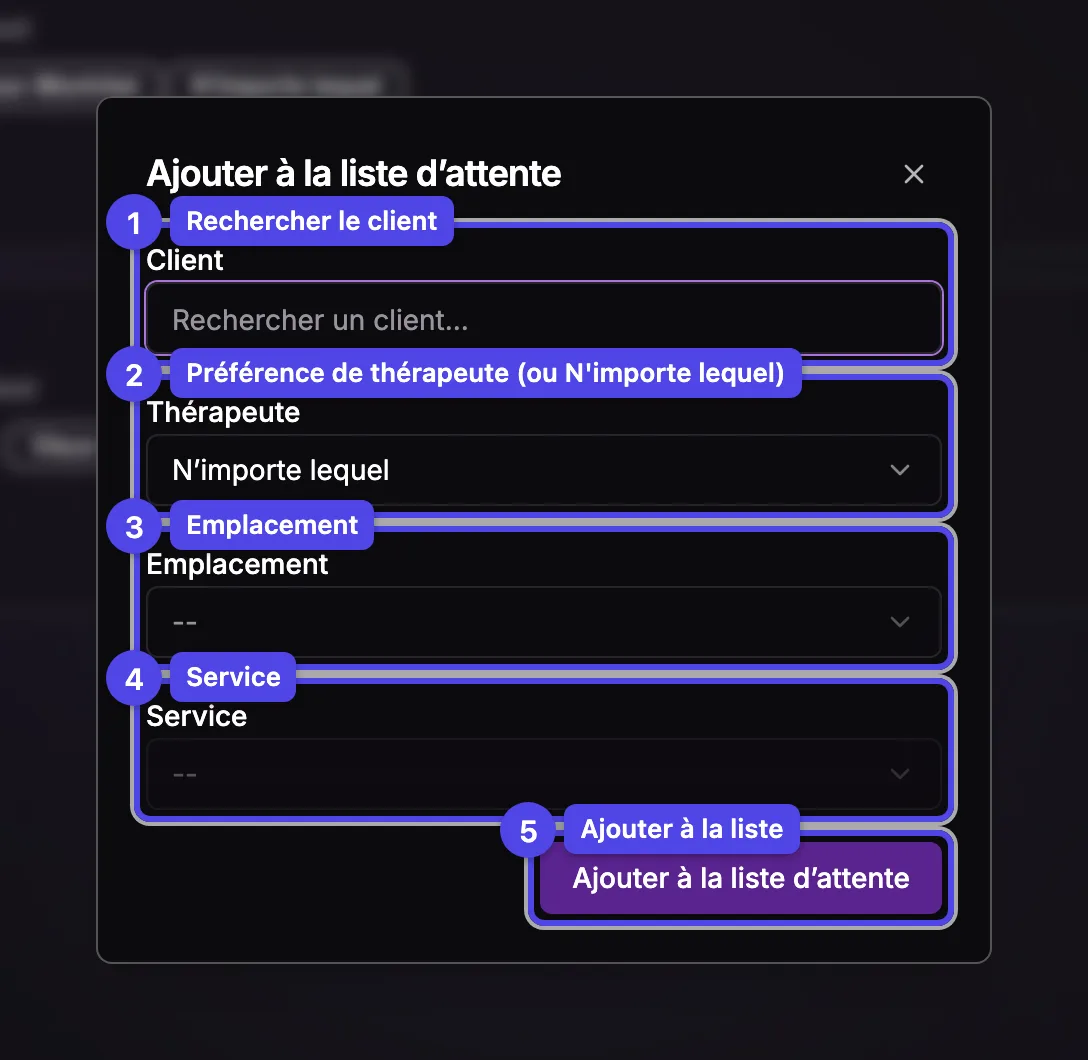 La fenêtre Ajouter à la liste d'attente avec les champs client, thérapeute, emplacement, service et horaire préféré