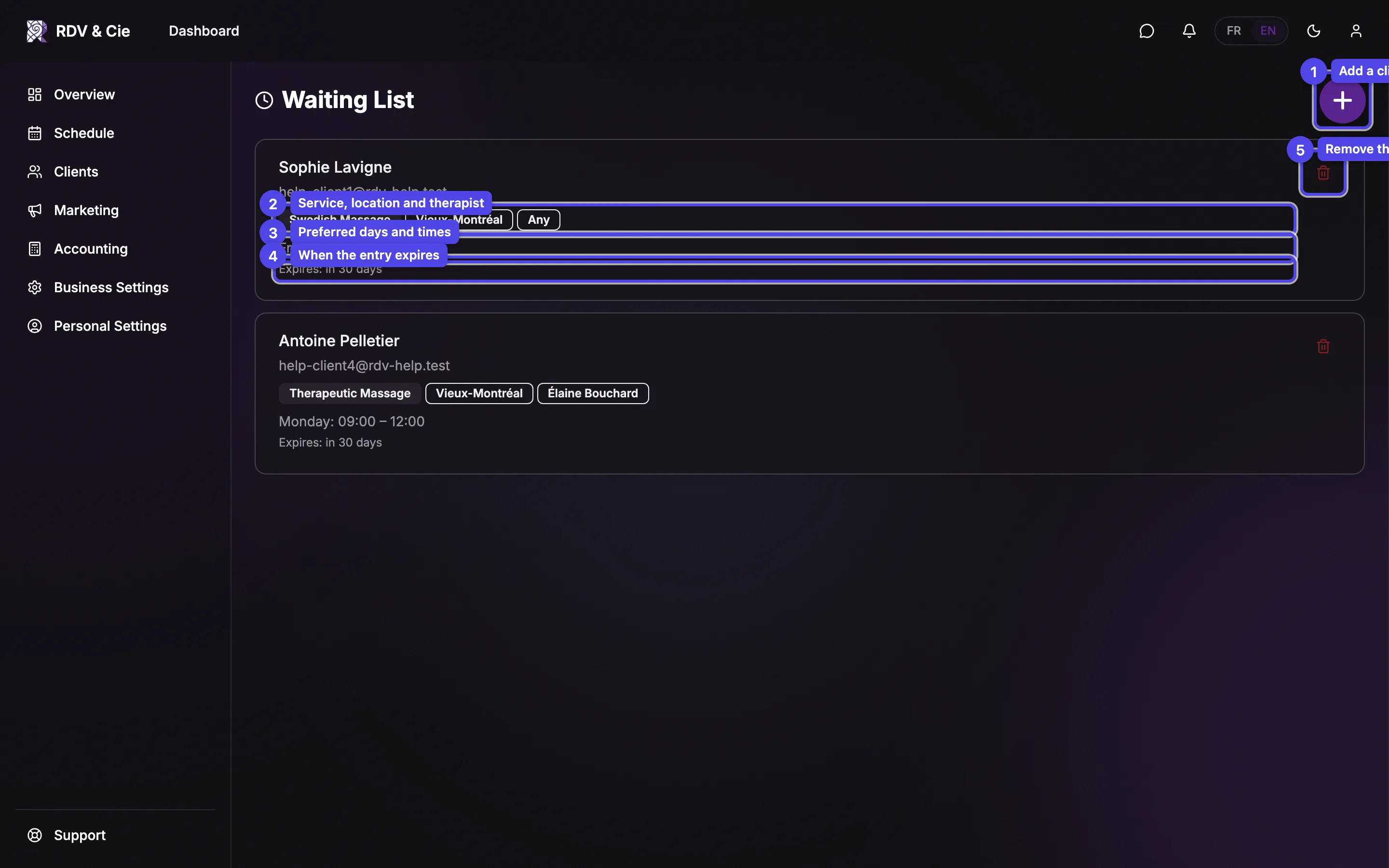 The Waiting List page with one entry card showing the client, service, location, therapist, preferred schedule, expiry, and a remove button