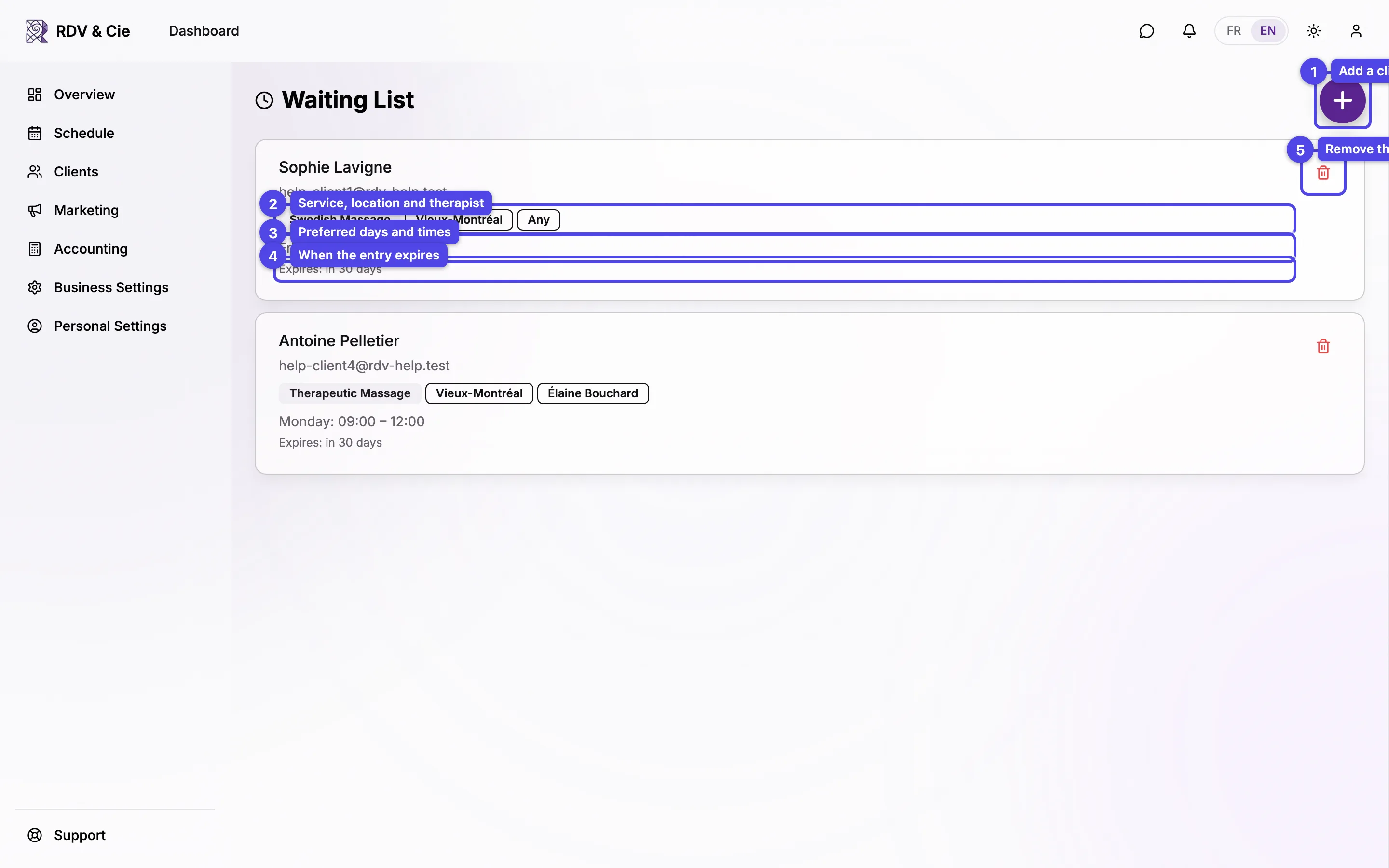 The Waiting List page with one entry card showing the client, service, location, therapist, preferred schedule, expiry, and a remove button
